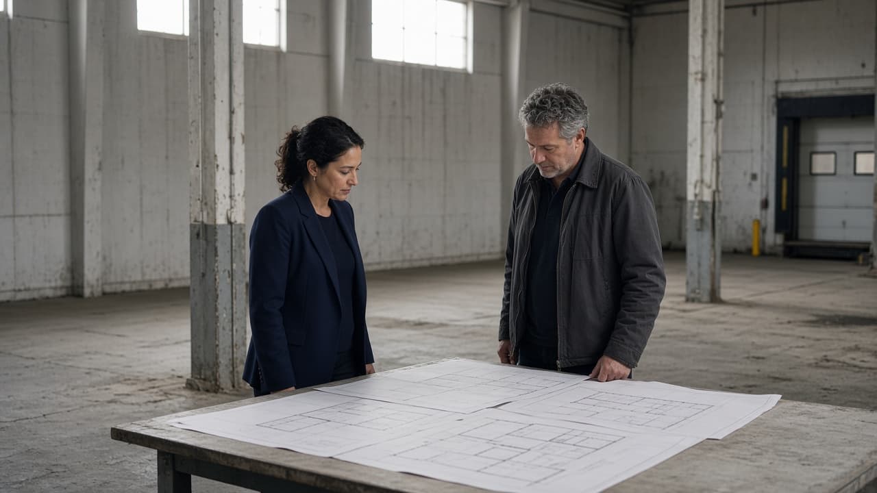 Two people reviewing floor plans inside an empty concrete warehouse.