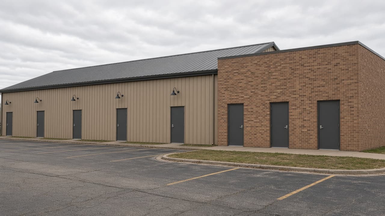 A one-story metal and brick flex building with suite doors and parking.