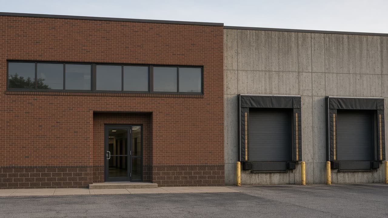 Brick office entry attached to a concrete warehouse with loading docks and a parking lot.