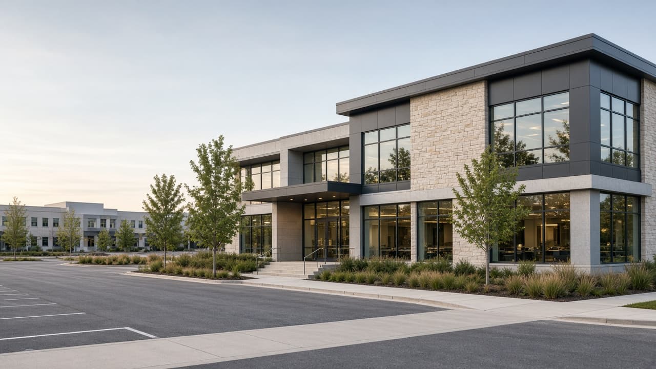Modern stone and glass commercial building with a landscaped entry and parking.
