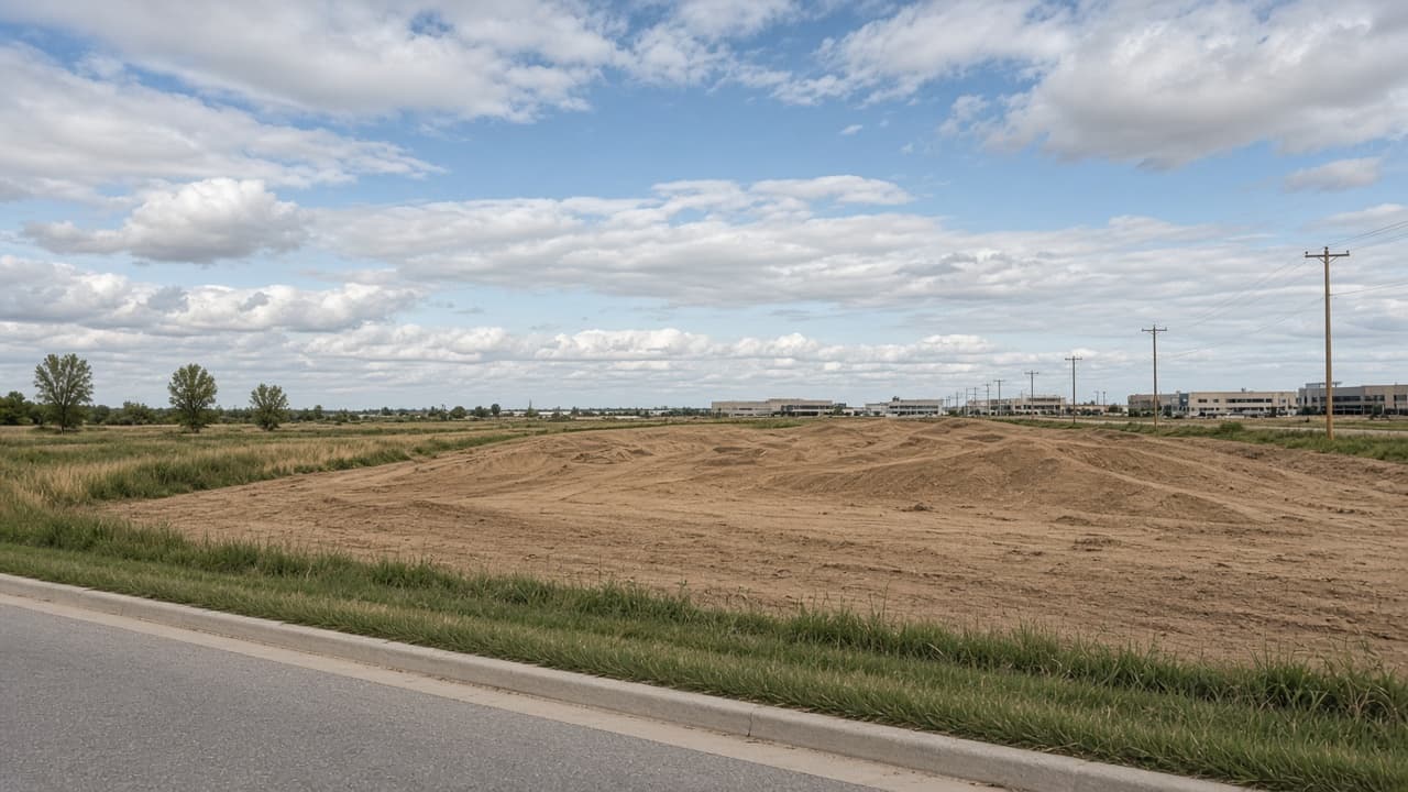 Graded commercial land beside a paved road under a wide sky.
