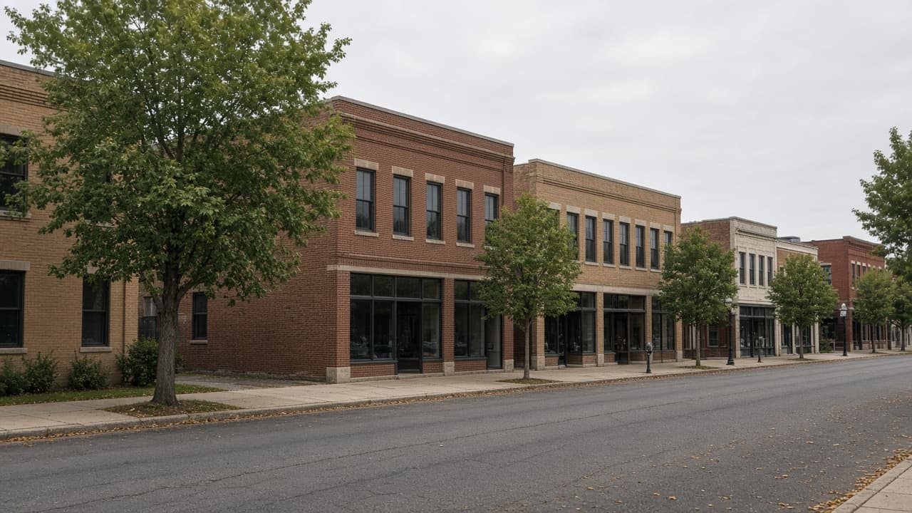 Low brick commercial buildings on a tree-lined street.