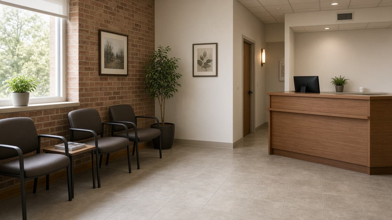 A quiet medical office waiting room with a wood reception desk.