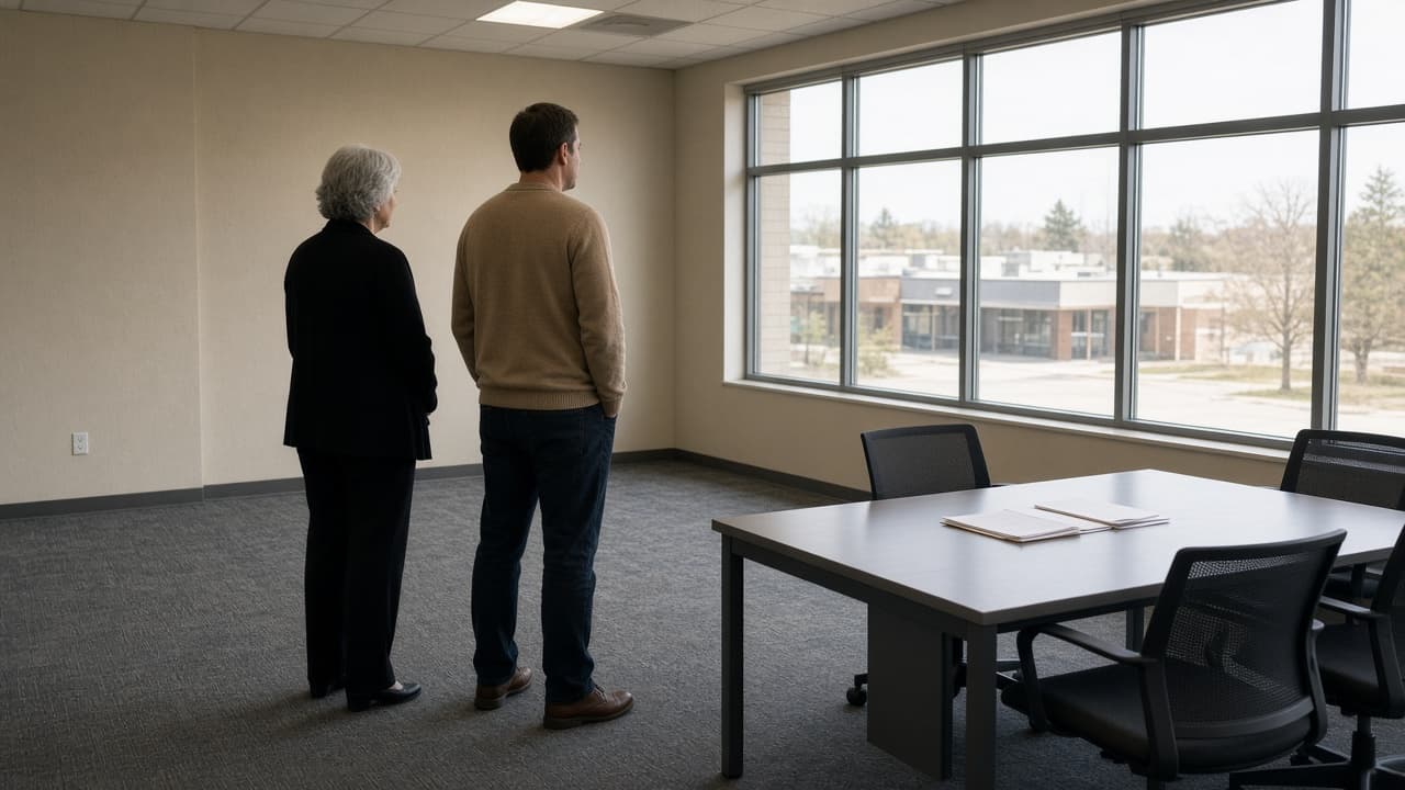 Two people looking through an office window at a low commercial building.