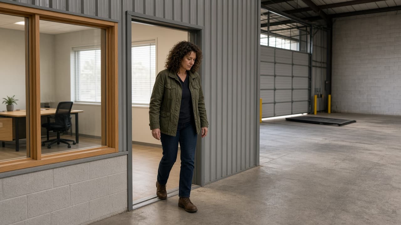 A person walking between an office and a warehouse bay.