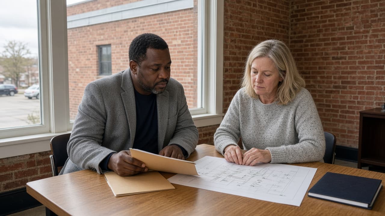 Two people reviewing property documents at a table in a brick building.