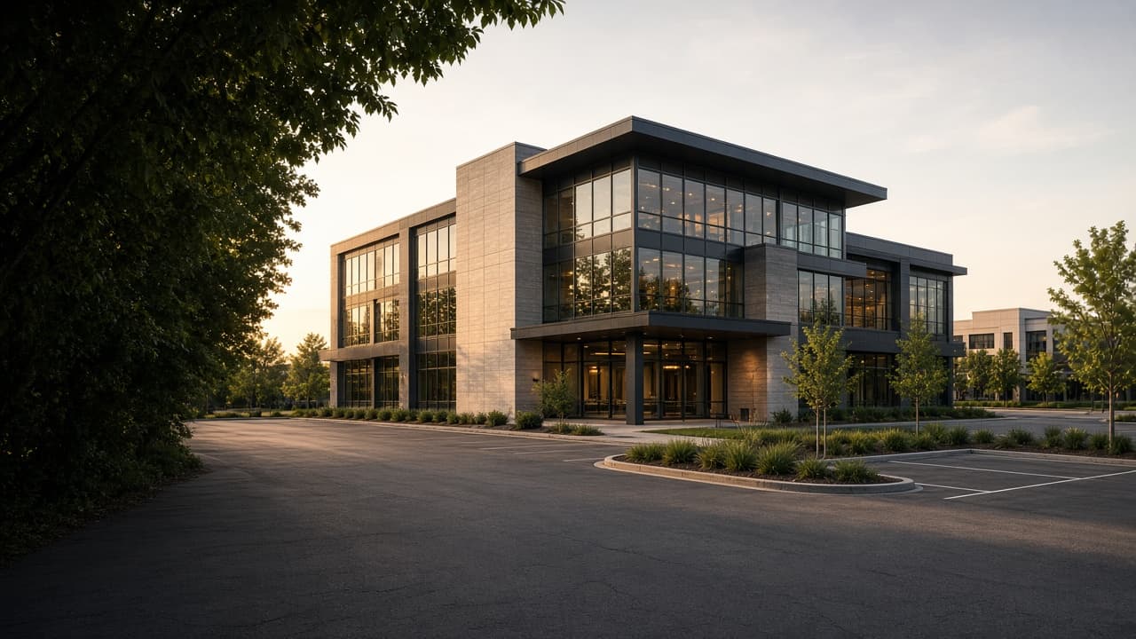 Contemporary glass and stone commercial building in warm evening light.
