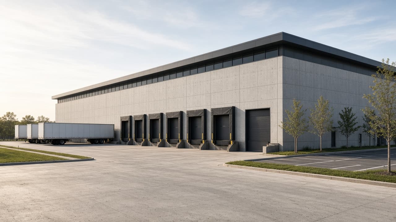 Concrete warehouse with loading docks and a truck court.
