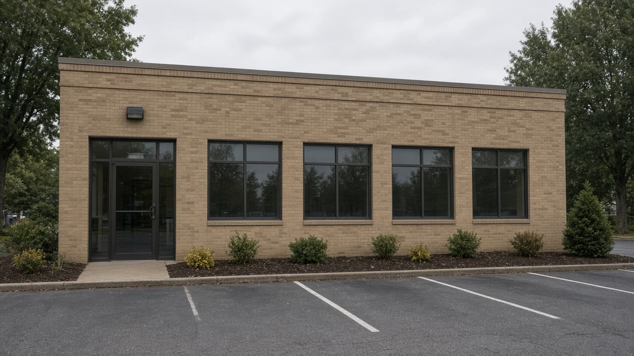 Small one-story tan-brick office with a glass door and a short parking row.