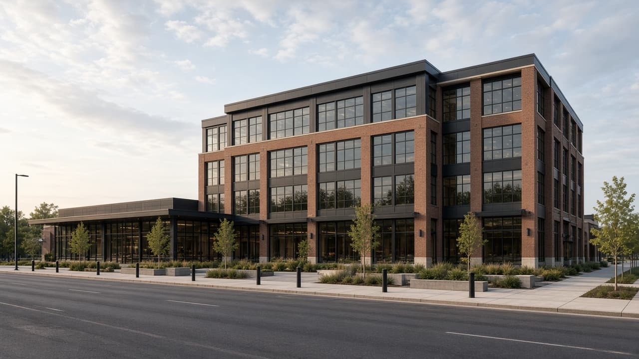 Four-story brick and dark-glass commercial building on a wide city street.