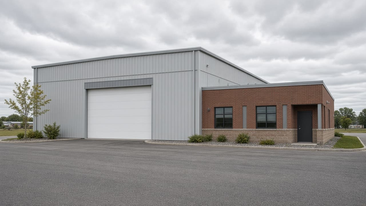 Metal warehouse with a brick office wing and an empty truck court.