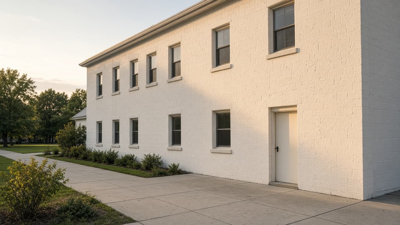 Two-story white masonry building photographed along a sidewalk in late light.