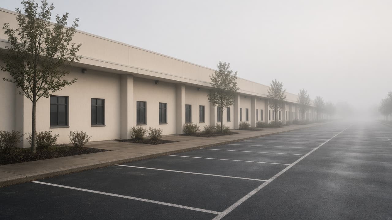 Long cream commercial building receding into morning fog beside an empty parking aisle.