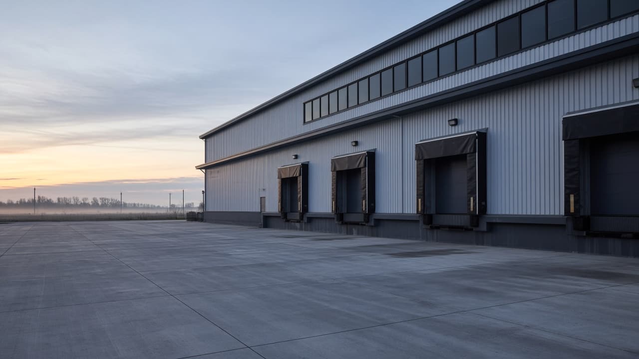 Warehouse loading docks along an empty concrete truck court at dawn.