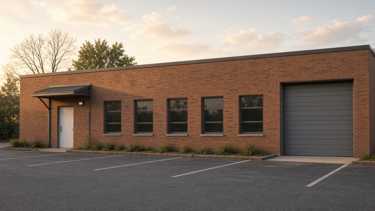 Low brick service building with a customer door, office windows, and a drive-in door.