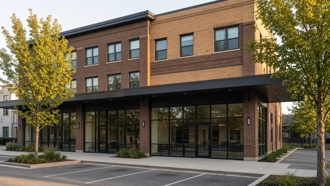 Two-story brick building with a commercial ground floor and blank glass.