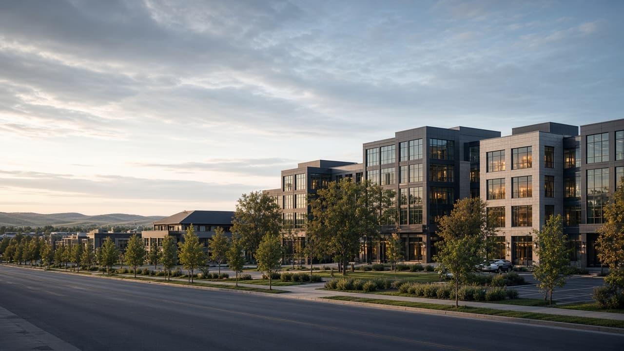 Low-rise commercial buildings along a wide street in late-day light.